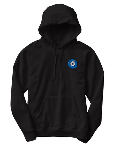 Blue Evil Eye embroidered on a black unisex hoodie. Featured on white background image.