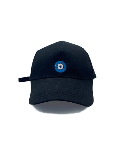 Blue Evil Eye embroidered on a black cotton dad hat / cap. Featured on white background image.