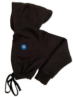 Blue Evil Eye embroidered on a black cropped hoodie. Featured on white background image.