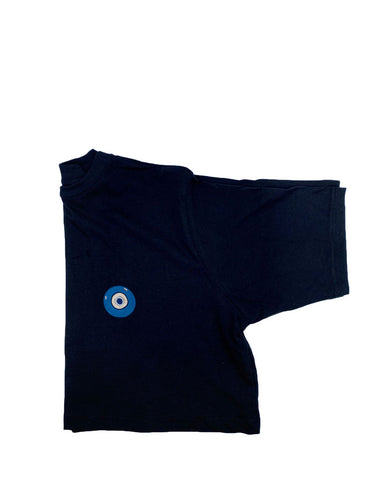 Blue Evil Eye embroidered on a black cotton cropped t-shirt. Featured on white background image.
