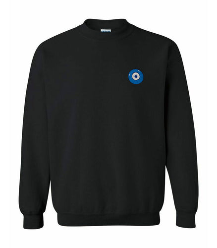Blue Evil Eye embroidered on a black crewneck sweater. Featured on white background image.