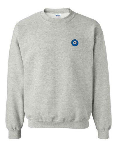 Blue Evil Eye embroidered on a grey crewneck sweater. Featured on white background image.