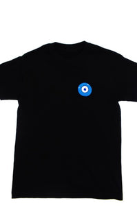 Blue Evil Eye embroidered on a black cotton unisex t-shirt. Featured on white background image.