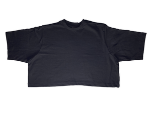 Plain black cotton cropped t-shirt. Featured on white background image.