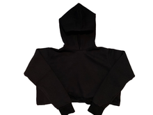 Load image into Gallery viewer, Plain black cropped hoodie with adjustable drawstring waist. Featured on a white background.