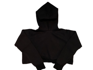Plain black cropped hoodie with adjustable drawstring waist. Featured on a white background.