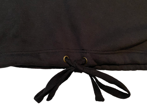 Plain black cropped hoodie with adjustable drawstring waist. Featured on a white background.