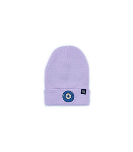 Blue Evil Eye embroidered on a lavender acrylic beanie, with an RA Attire woven logo label. Featured on white background image.