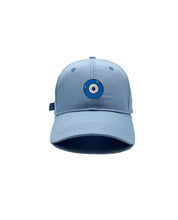 Load image into Gallery viewer, Blue Evil Eye embroidered on a light blue cotton dad hat / cap. Featured on white background image.