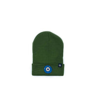 Load image into Gallery viewer, Blue Evil Eye embroidered on an army green acrylic beanie, with an RA Attire woven logo label. Featured on white background image.