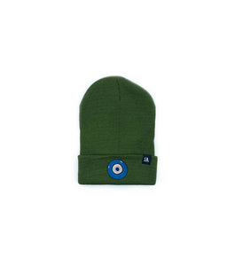 Blue Evil Eye embroidered on an army green acrylic beanie, with an RA Attire woven logo label. Featured on white background image.