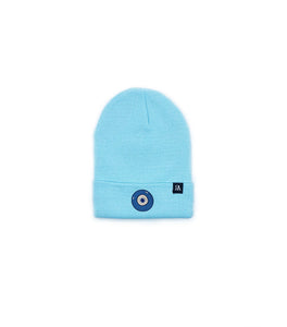 Blue Evil Eye embroidered on an aqua blue acrylic beanie, with an RA Attire woven logo label. Featured on white background image.