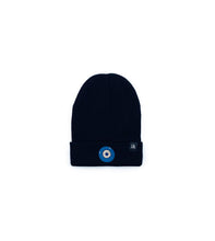 Load image into Gallery viewer, Blue Evil Eye embroidered on a black acrylic beanie, with an RA Attire woven logo label. Featured on white background image.