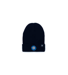 Blue Evil Eye embroidered on a black acrylic beanie, with an RA Attire woven logo label. Featured on white background image.