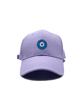 Load image into Gallery viewer, Blue Evil Eye embroidered on a lavender purple cotton dad hat / cap. Featured on white background image.