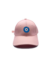 Load image into Gallery viewer, Blue Evil Eye embroidered on a pink cotton dad hat / cap. Featured on white background image.