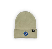 Load image into Gallery viewer, Blue Evil Eye embroidered on a sand / beige acrylic beanie, with an RA Attire woven logo label. Featured on white background image.